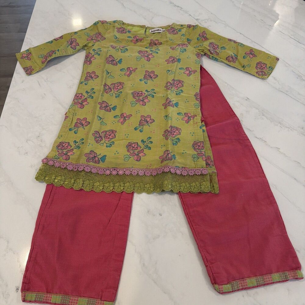 Fabindia Girls Floral Lace Kurta and Palazzo Set Sz 8-10